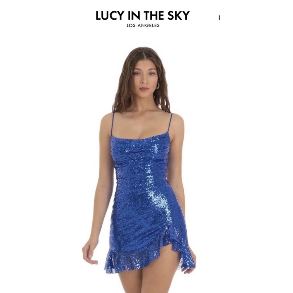 LUCY IN THE SKY Women Royal Blue Sequin Lace-Up Back Mini Dress Sz SMALL - Picture 1 of 9